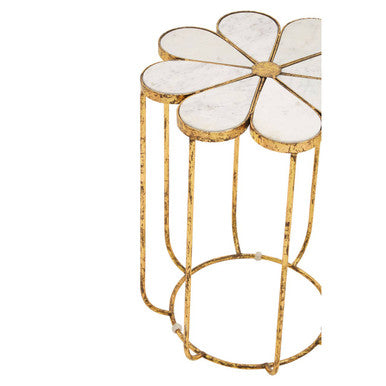 White Polished Marble Top Side Table with Petal Design Openwork Base