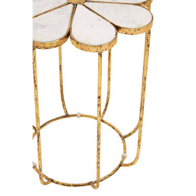 White Polished Marble Top Side Table with Petal Design Openwork Base