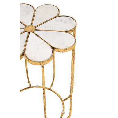 White Polished Marble Top Side Table with Petal Design Openwork Base