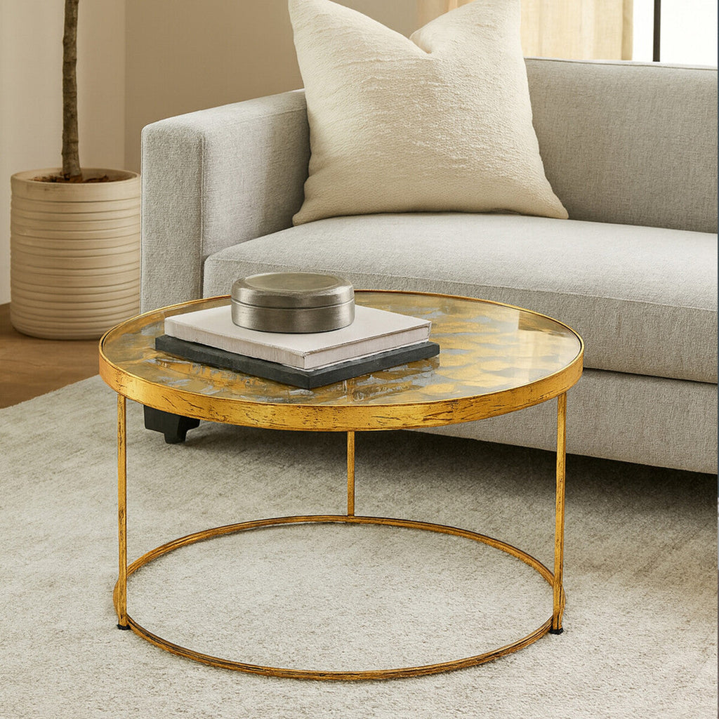 Butterfly Round Coffee Table with Glass Top and Gold Finish