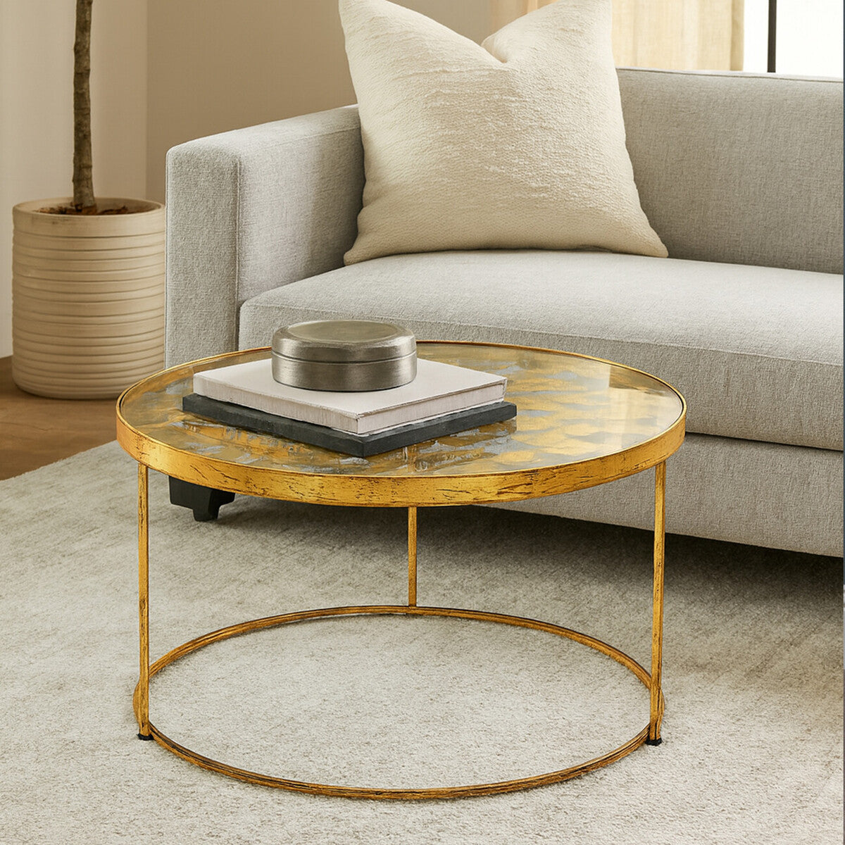 Butterfly Round Coffee Table with Glass Top and Gold Finish