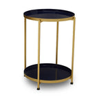 Blue Enamel Metal Two-Tier Side Table with Brass Finish Frame