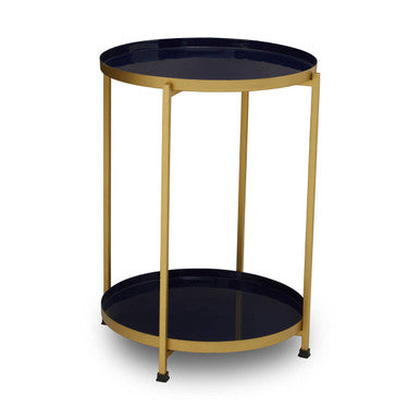 Blue Enamel Metal Two-Tier Side Table with Brass Finish Frame