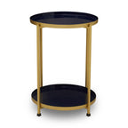 Blue Enamel Metal Two-Tier Side Table with Brass Finish Frame