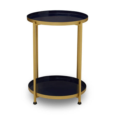 Blue Enamel Metal Two-Tier Side Table with Brass Finish Frame