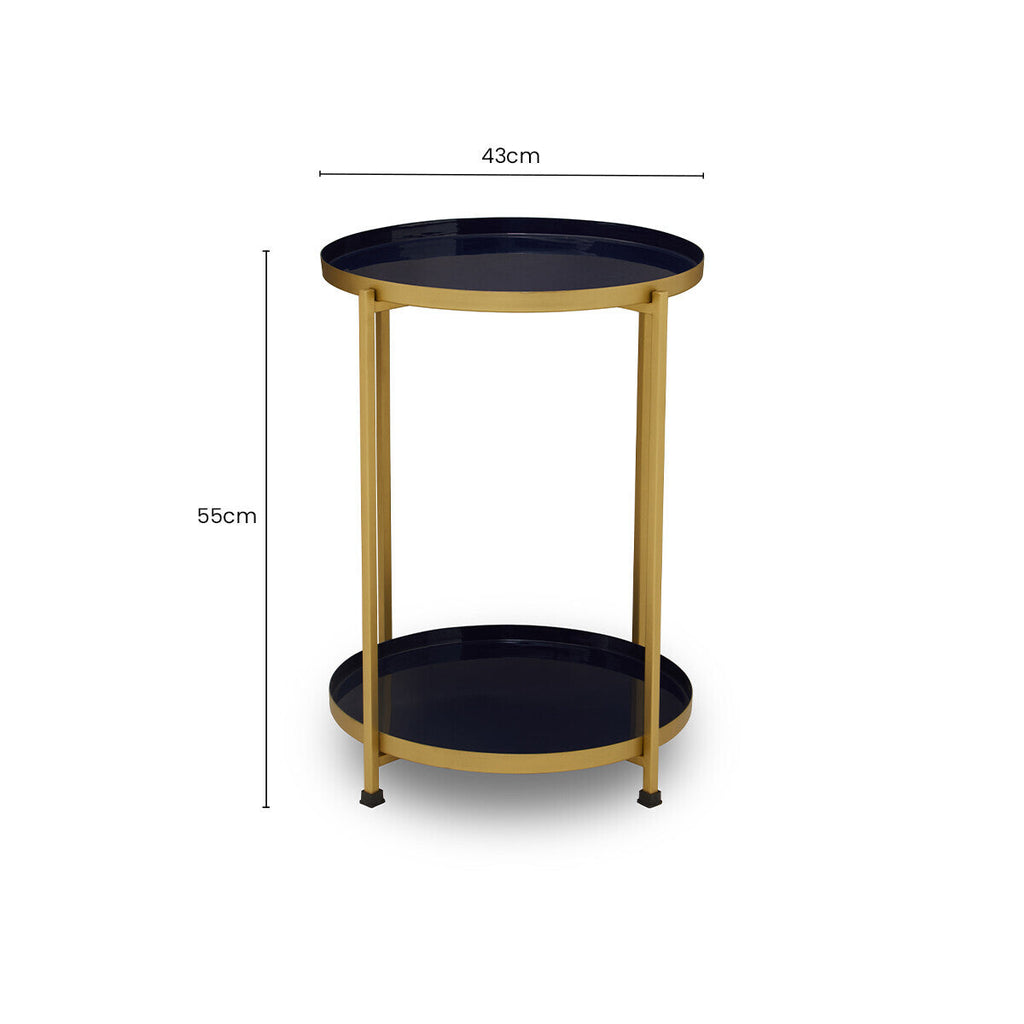 Blue Enamel Metal Two-Tier Side Table with Brass Finish Frame