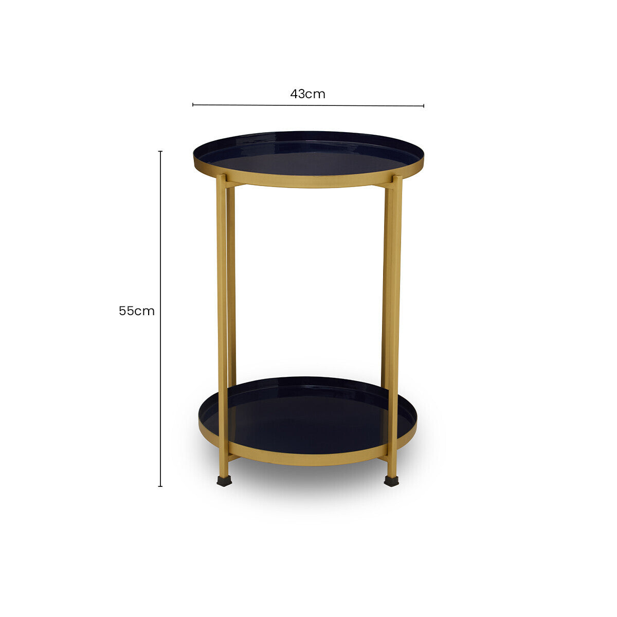 Blue Enamel Metal Two-Tier Side Table with Brass Finish Frame