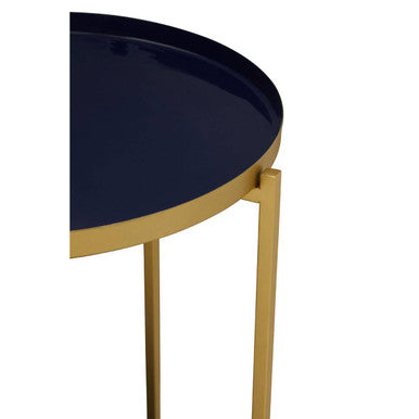 Blue Enamel Metal Two-Tier Side Table with Brass Finish Frame