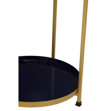 Blue Enamel Metal Two-Tier Side Table with Brass Finish Frame