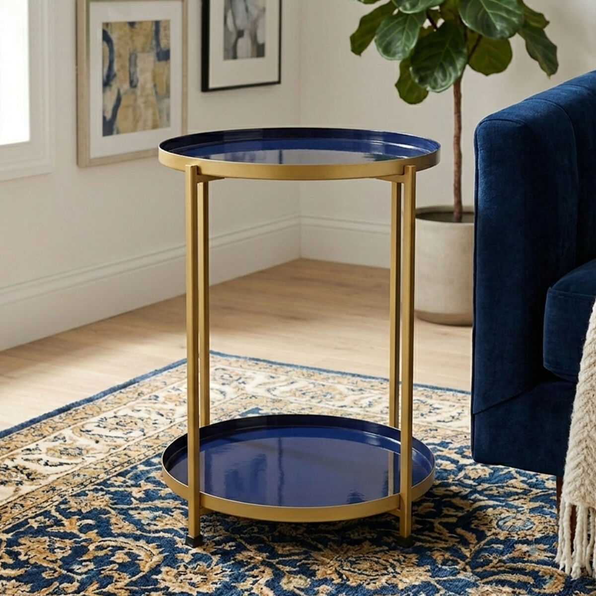 Blue Enamel Metal Two-Tier Side Table with Brass Finish Frame
