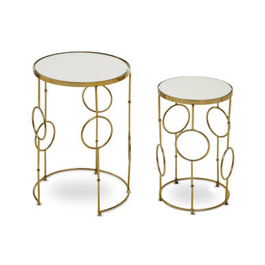 Gold Warm Metallic Finish Set of 2 Side Table with Multi Circle Pattern