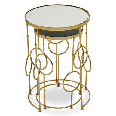 Gold Warm Metallic Finish Set of 2 Side Table with Multi Circle Pattern