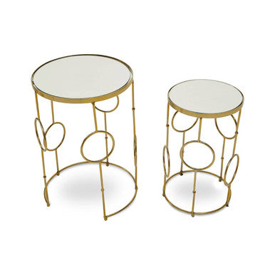 Gold Warm Metallic Finish Set of 2 Side Table with Multi Circle Pattern
