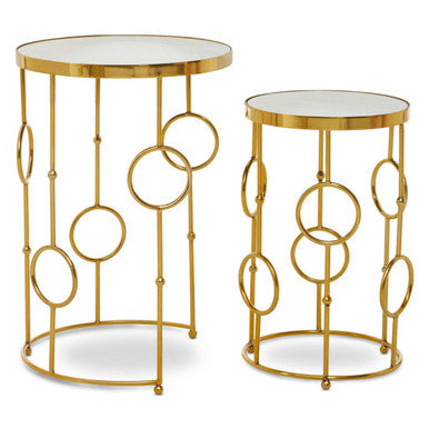 Gold Warm Metallic Finish Set of 2 Side Table with Multi Circle Pattern
