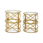 Gold Mirrored Top Set of 2 Side Tables with Diamond Pattern Frames