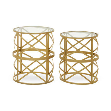 Gold Mirrored Top Set of 2 Side Tables with Diamond Pattern Frames