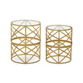 Gold Mirrored Top Set of 2 Side Tables with Diamond Pattern Frames
