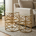 Gold Mirrored Top Set of 2 Side Tables with Diamond Pattern Frames