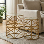 Gold Mirrored Top Set of 2 Side Tables with Diamond Pattern Frames