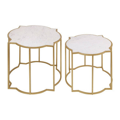 White Marble Quatrefoil Top Set of 2 Side Table with Brass Finish Frames