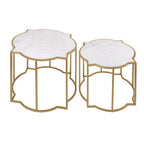 White Marble Quatrefoil Top Set of 2 Side Table with Brass Finish Frames