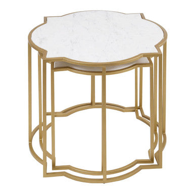 White Marble Quatrefoil Top Set of 2 Side Table with Brass Finish Frames