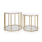 White Marble Quatrefoil Top Set of 2 Side Table with Brass Finish Frames