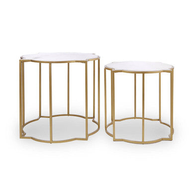White Marble Quatrefoil Top Set of 2 Side Table with Brass Finish Frames