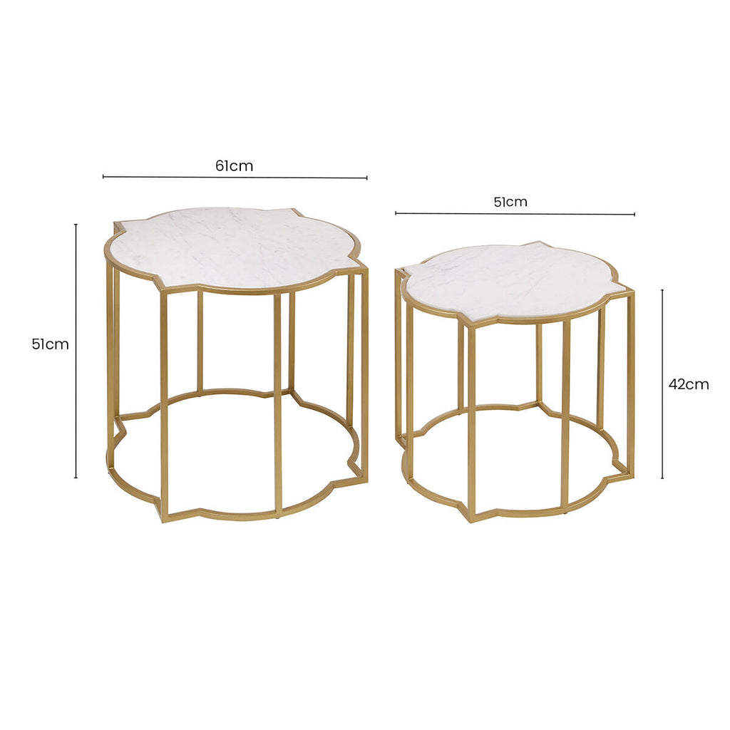 White Marble Quatrefoil Top Set of 2 Side Table with Brass Finish Frames