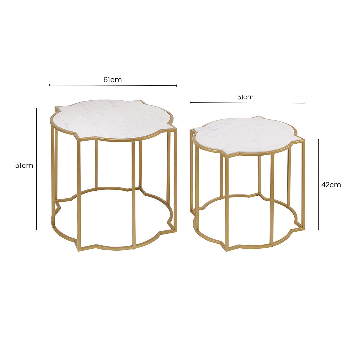 White Marble Quatrefoil Top Set of 2 Side Table with Brass Finish Frames