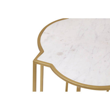 White Marble Quatrefoil Top Set of 2 Side Table with Brass Finish Frames