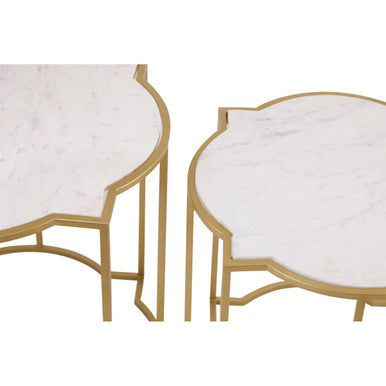 White Marble Quatrefoil Top Set of 2 Side Table with Brass Finish Frames