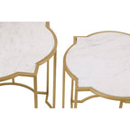 White Marble Quatrefoil Top Set of 2 Side Table with Brass Finish Frames