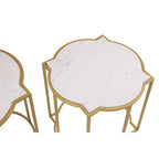 White Marble Quatrefoil Top Set of 2 Side Table with Brass Finish Frames