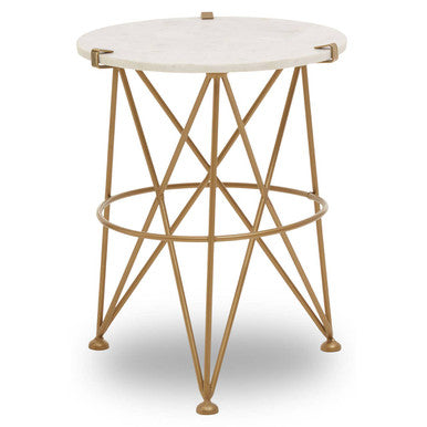 White Rounded Marble Top Side Table with Gold Brass Finish Intersecting Legs