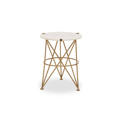White Rounded Marble Top Side Table with Gold Brass Finish Intersecting Legs