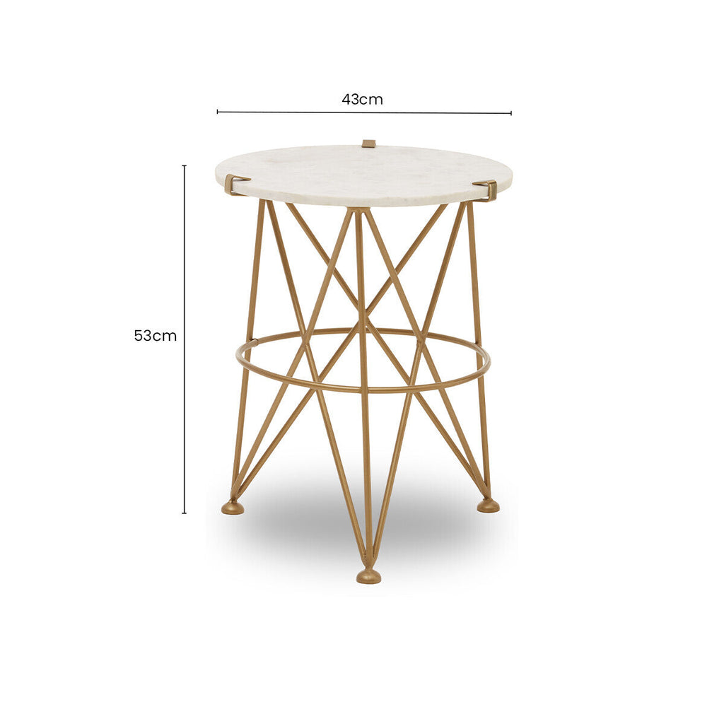 White Rounded Marble Top Side Table with Gold Brass Finish Intersecting Legs