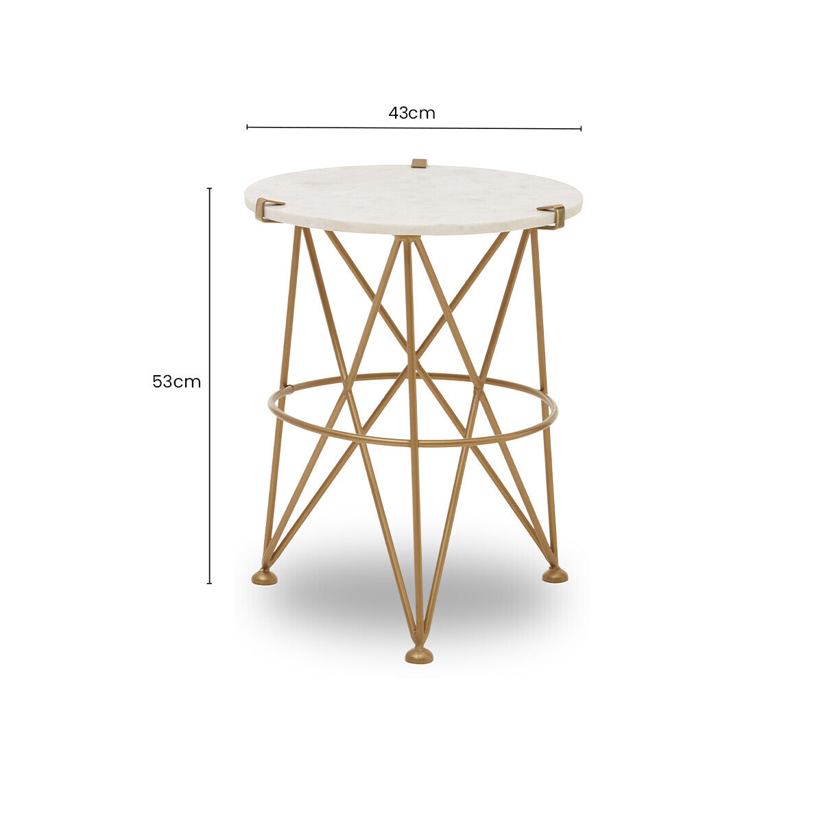 White Rounded Marble Top Side Table with Gold Brass Finish Intersecting Legs