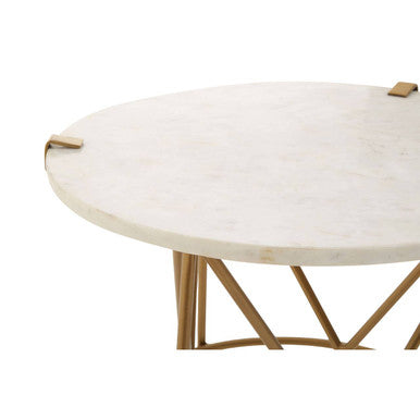 White Rounded Marble Top Side Table with Gold Brass Finish Intersecting Legs