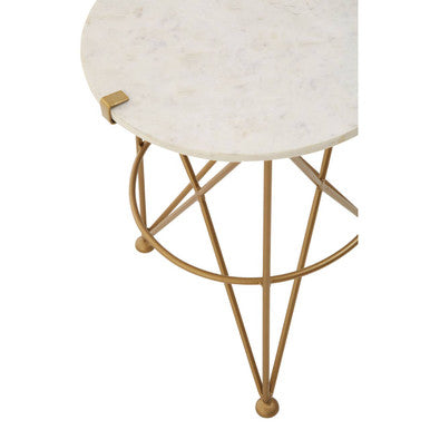 White Rounded Marble Top Side Table with Gold Brass Finish Intersecting Legs