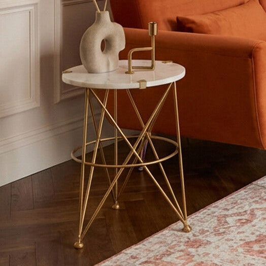 White Rounded Marble Top Side Table with Gold Brass Finish Intersecting Legs