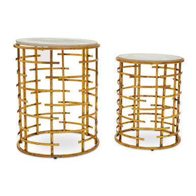 Set of 2 White Marble Tops Round Nesting Tables with Gold Metallic Base