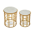 Set of 2 White Marble Tops Round Nesting Tables with Gold Metallic Base