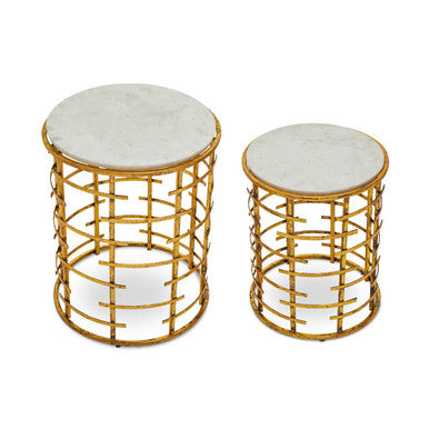Set of 2 White Marble Tops Round Nesting Tables with Gold Metallic Base
