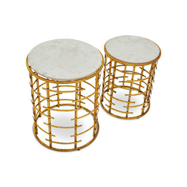 Set of 2 White Marble Tops Round Nesting Tables with Gold Metallic Base