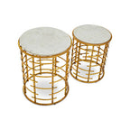 Set of 2 White Marble Tops Round Nesting Tables with Gold Metallic Base