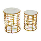 Set of 2 White Marble Tops Round Nesting Tables with Gold Metallic Base