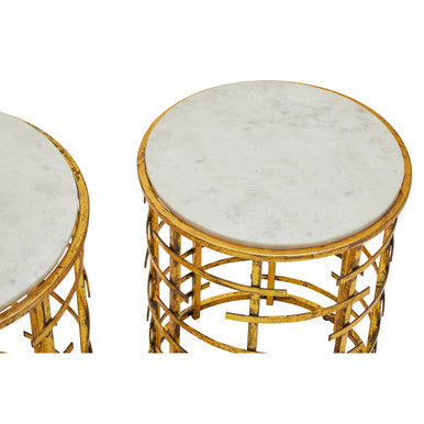 Set of 2 White Marble Tops Round Nesting Tables with Gold Metallic Base