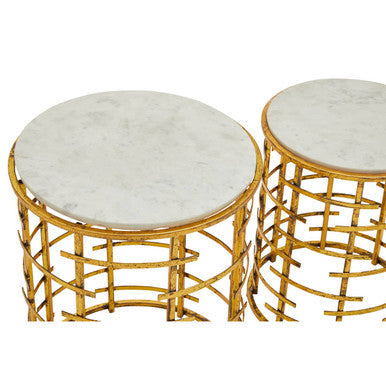 Set of 2 White Marble Tops Round Nesting Tables with Gold Metallic Base