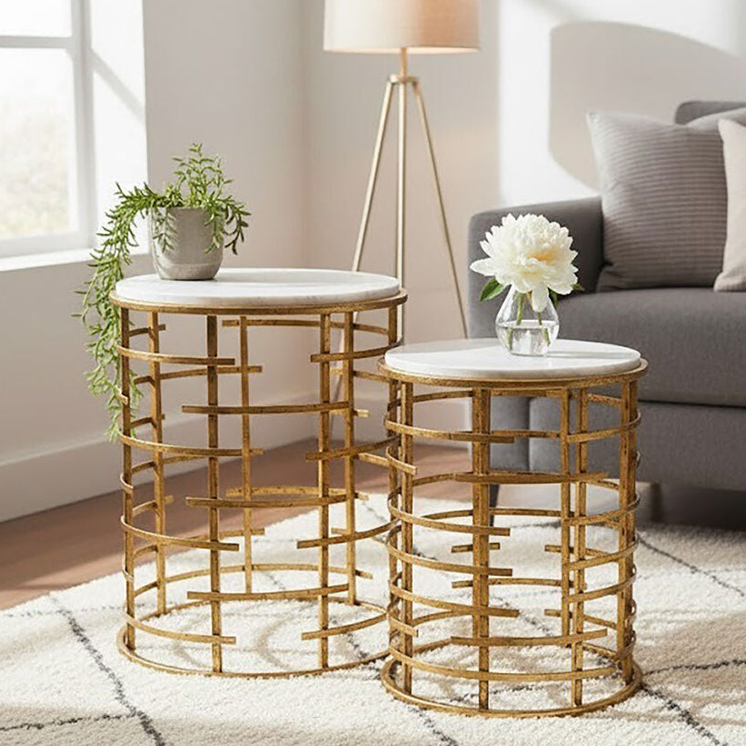 Set of 2 White Marble Tops Round Nesting Tables with Gold Metallic Base